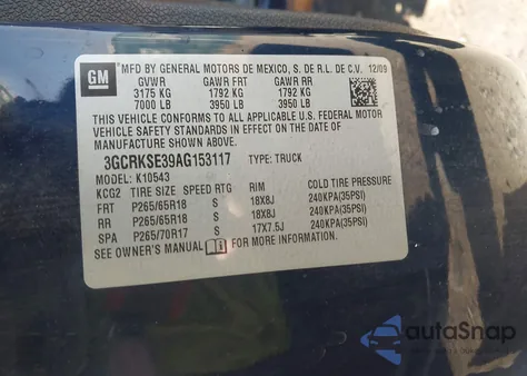 2010 Chevrolet Silverado 1500 Lt z USA, uszkodzony, nr VIN 3GCRKSE39AG153117